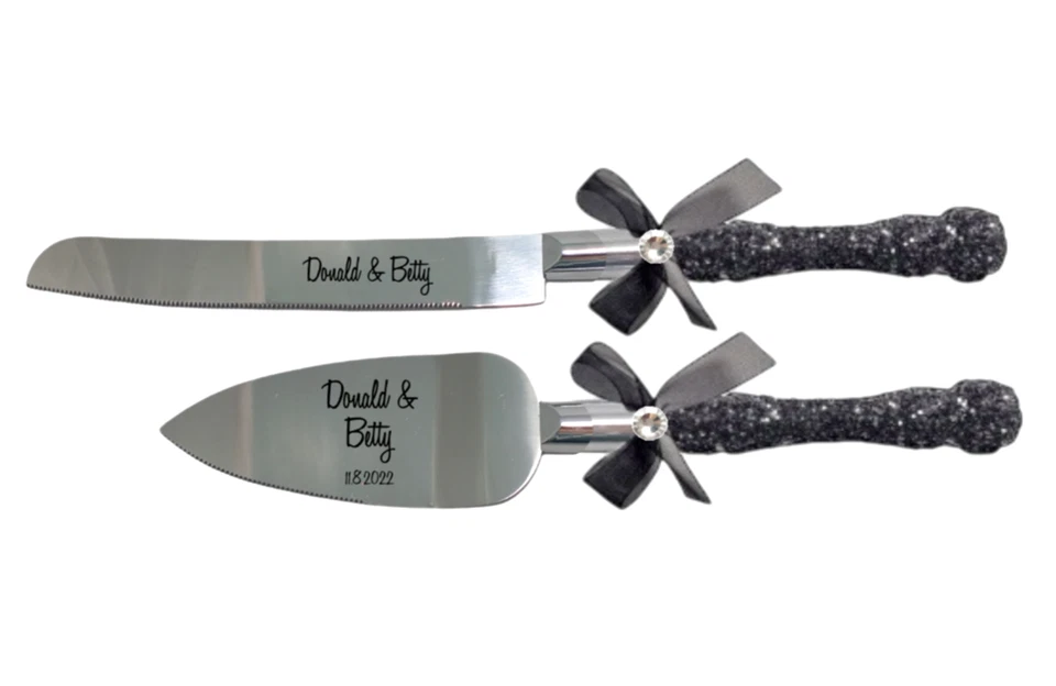 Conjunto de servidor de faca para bolo de casamento gravado personalizado, decoração de mesa de casamento - Imagem 3 de 4