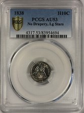 1838 H10C PCGS AU 53, No Drapery, Large Stars