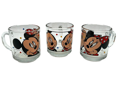 Vtg 3 Disney Mickey & Minnie Mouse Clear Glass Coffee Cups Anchor Hocking NOS