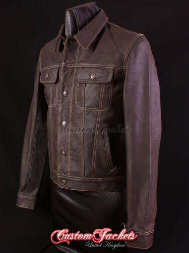 Men's TRUCKER Leather Jacket Western Classic Brown Denim Style Shirt Jacket - Picture 1 of 11