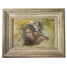 Framed Woman Small Oil Sketch Portrait on Board Unsigned 20th Century Art