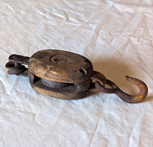 Vintage Wood Pulley Block with Metal Hook, Rustic Old-Style Block and Tackle