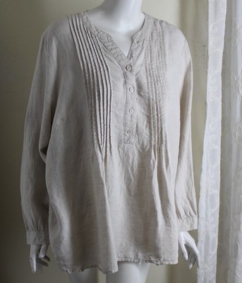 Coldwater Creek Sz 2X Runs 1X Natural 100% Linen Pleated Blouse Shirt Top Funky