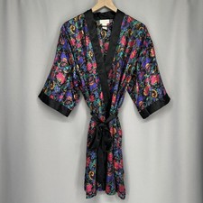 Vintage 90s Womens Large Satin Robe Inner Most Floral Kimono Satin Trim Belted