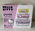 Pyrex HELLO KITTY 6-Piece Glass Food Storage Decorated Purple Pink Yellow NIB
