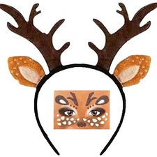 Deer Antlers Headband with Face Stickers, Brown, Reindeer Costume Accessories