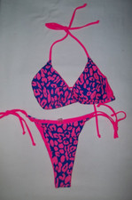 Neon leopard print 2pc bikini swimsuit S hot pink  blue string tie cheeky 80s
