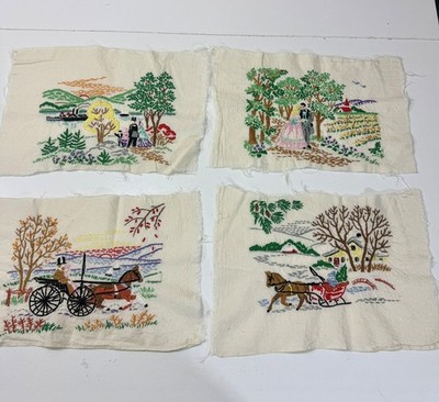 4 Vintage Hand Embroidered Quilt Squares Four Seasons Needlepoint