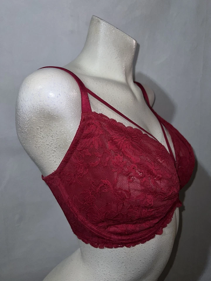 HSIA 蕾丝最小文胸红色无衬里钢圈全覆盖宽肩带尺寸 34I — 第 3/4 张图片