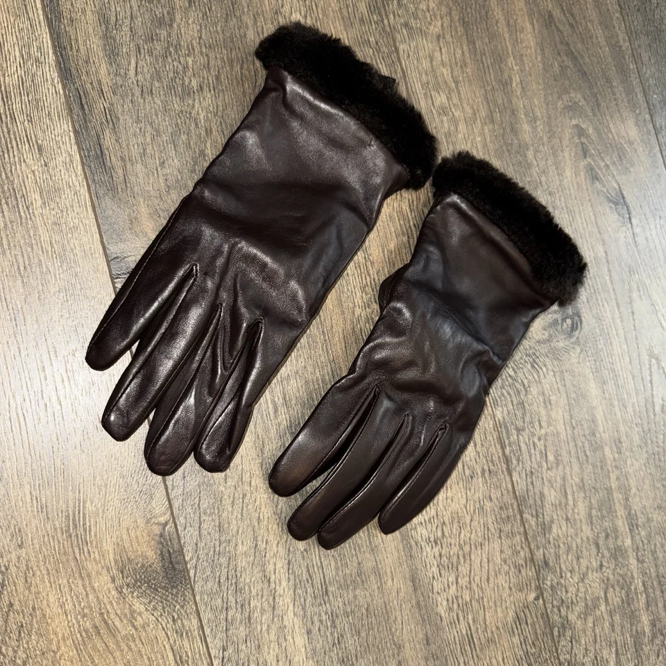 Guantes de Colección Aris Para Mujer 100% Cuero Genuino Con Borde de Piel Negro Marrón Talla M Foto 3 de 4