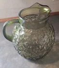 MCM Anchor Hocking Lido Milano Crinkle Glass Ball Pitcher Avocado Green Vintage
