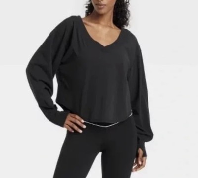 Women s Joy Lab Long Sleeve Cropped Boxy Fit T Shirt Black M/Retail $24