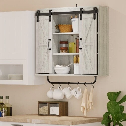 Wood Wall Storage Cabinet Rustic Farmhouse Vintage Cabinet w/ Sliding Barn Door - Image 2 of 4