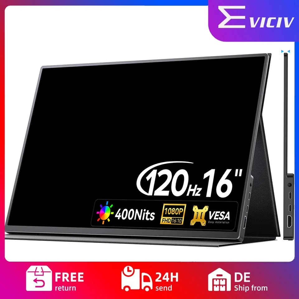 Tragbarer Monitor 16 Zoll 1920*1200 120Hz USB C Zweit Bildschirm 16:10 100% sRGB