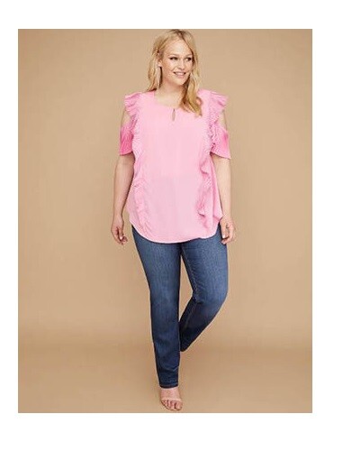 Lane Bryant PINKES plissiertes schulterfreies Oberteil Shirt Rüschenärmel Plus 14 1X neu mit Etikett - Bild 2 von 2