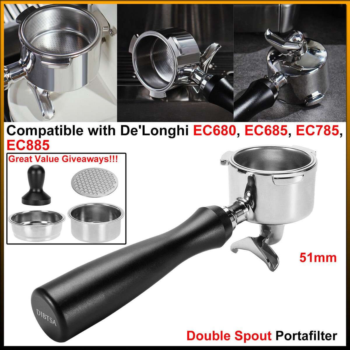 Ecofocet Filterhouder zonder bodem, 51 mm, met 3 oren, compatibel met koffiezetapparaten EC680/EC685/EC885, espresso zeefhouder met houten handvat, 2 filtermanden van roestvrij staal