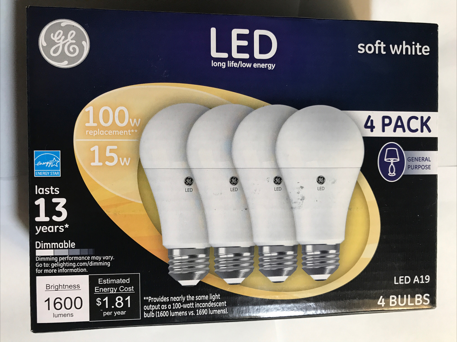 General Purpose A19  ( 4 Bulbs ) New