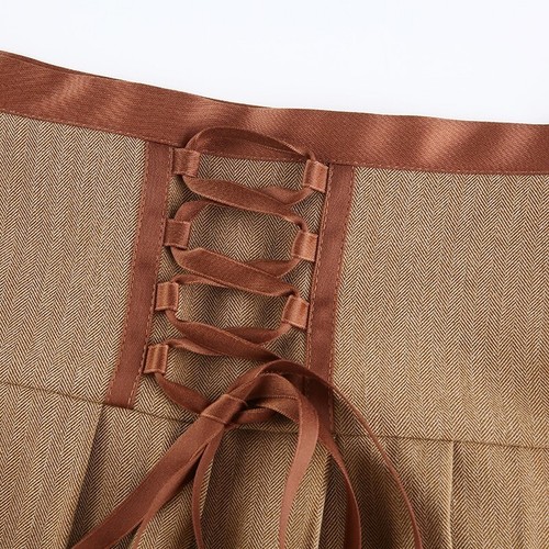 Khaki High Waist Pleated Mini Skirt Summer Hippie Tie Up Ribbon Zipper Bottoms - Bild 11 von 15