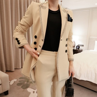 Tailleur completo donna beige nero giacca manica lunga e pantalone elegante  4884 | eBay
