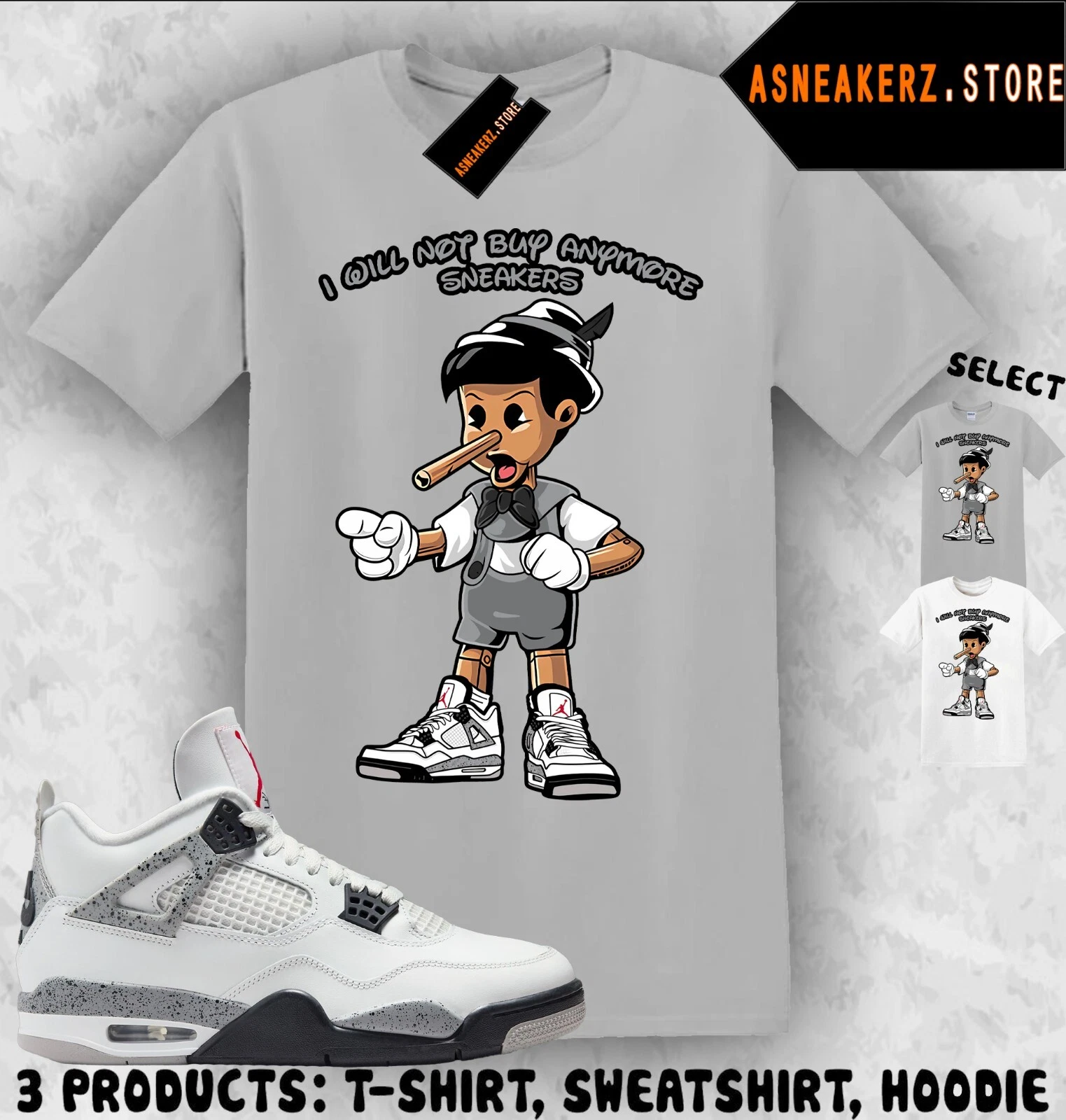 Tee Shirt Matching AJ 4 White Cement 2025 To Match Sneaker Sneakerhead Pinocchio