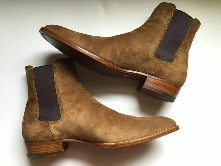 Hecho a mano Hombres Beige Oscuro Gamuza Chelsea, Hombres Cuero Formal Oficina Botas Occidentales Foto 2 de 4