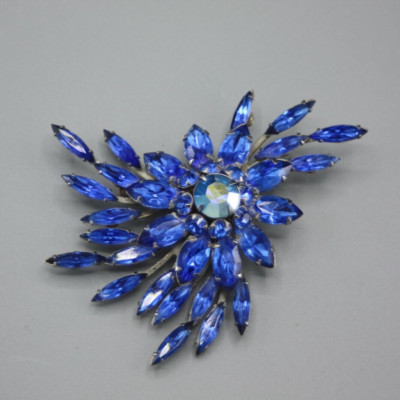 Vintage Judy Lee Silver Royal Blue Aura Borealis AB Rhinestone Spray Brooch