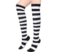Ladies Girls Long BLACK / WHITE Over The Knee Striped Socks Shoe Size 4-6.5 UK