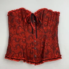 Red Lace up paisley Ribbon Corsett Size Medium Red Black Adjustable Lined