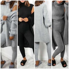 Tracksuit Women's 3 Piece Roll Neck Chunky Knitted Ladies Ribbed Lounge Wear Set