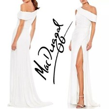 NEW, Mac Duggal, Ieena, Drop Shoulder Foldover Ruched Wrap Jersey Gown, White