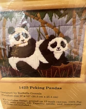 1980s Hand Embroidery Stitch Kit Peeking Panda Retro Art Mesh Canvas Decor Craft