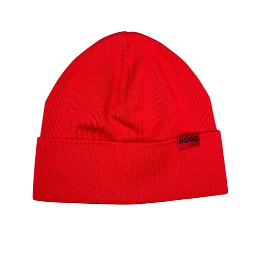 HUGO Mens Beanie Red Winter Hat With Logo - Xevon-E