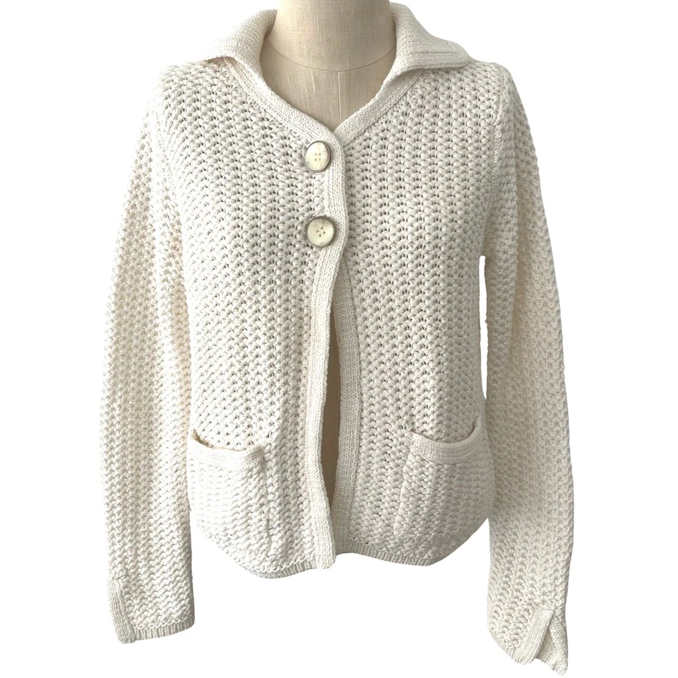 Cárdigan corto tejido algodón Talbots marfil talla PS cuello 2 botones frente abierto