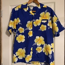 VTG Hilo Hattie Shirt Blue Button Down Mens Size Large Hawaiian Hibiscus Floral