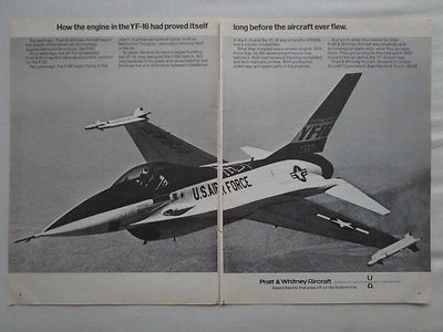 1/1975 PUB PRATT & WHITNEY F100 GENERAL DYNAMICS YF-16 US AIR FORCE ORIGINAL ANZEIGE