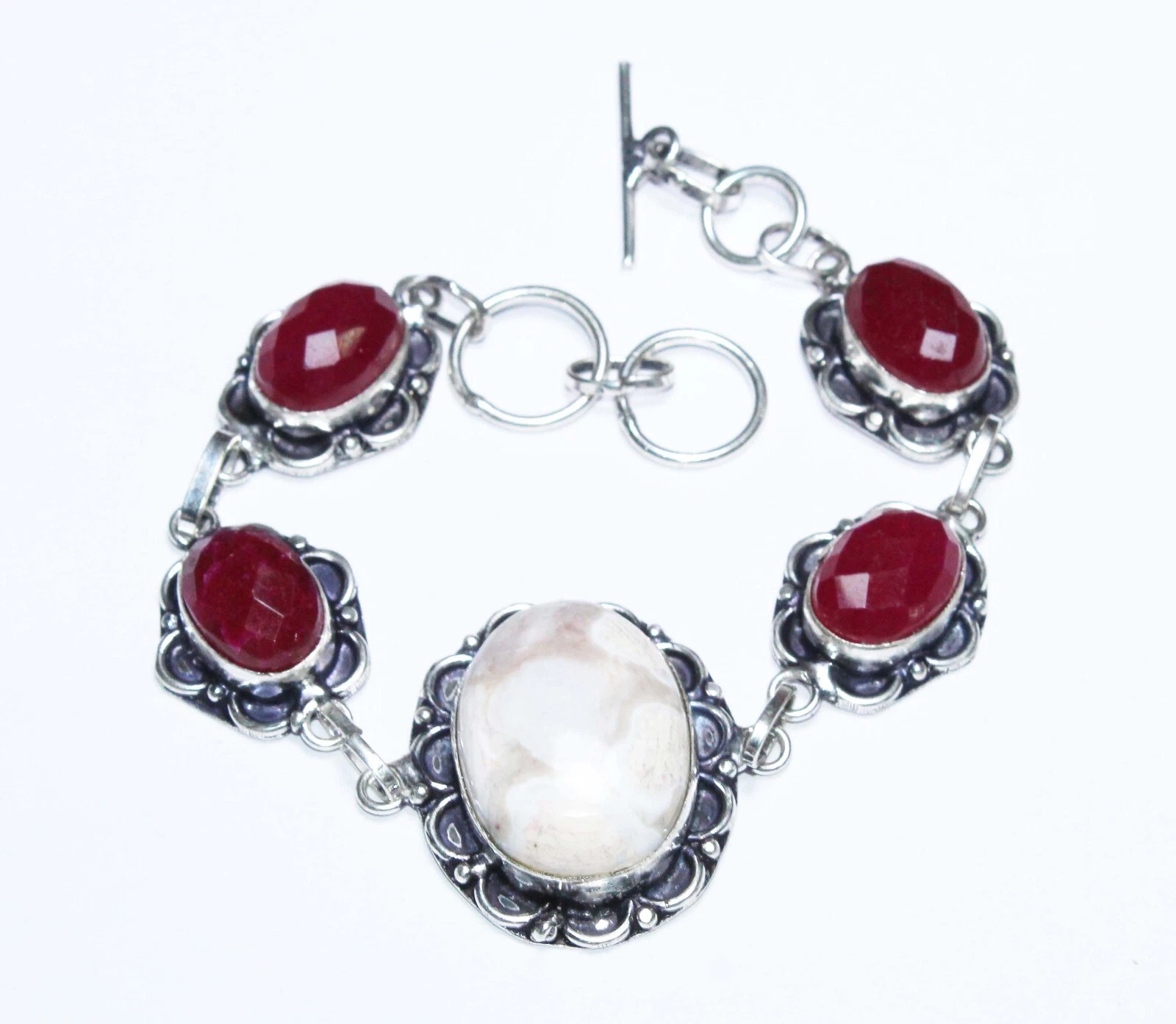 VALENTINO Braccialetto bigiotteria fatto a mano con pietre preziose onice rosa Howlite bianco misura 8 in