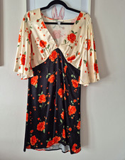 Topshop Tall Black/Cream Floral Rose V-Neck A-Line Knee Dress Bell Sleeve 10