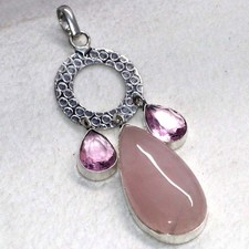 Decent Rose Quartz Pink Kunzite 925 Silver Plated Pendant 3.2" JW