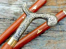 Vintage Solid Brass Antique Wooden Walking Stick Head Handle 3 Fold Cane Gift