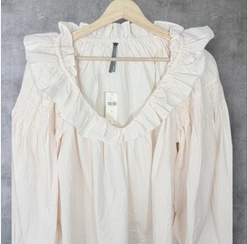 Anthropologie Women Ruffle Long Sleeve White/Beige Stripes Blouse Top Size M NWT - Picture 2 of 9