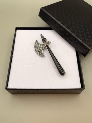 Vintage Black Cabochon Marcasite Style Battle Axe Halberd Brooch Pin Silver Tone