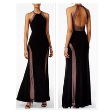 Nightway Womens Black Mauve Mesh Panel Halter Neck Formal Evening Gown Size 6