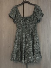 Green Floral Dress Small Smocked Boho Peasant Milkmaid Coquette Sundress Flare