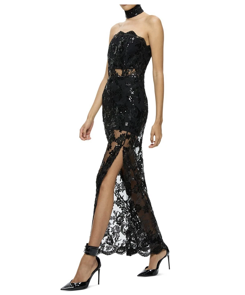 Vestido Alice and Olivia Georgie adornado sin tirantes abertura alta con cuello Foto 4 de 4