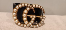  GUCCI WOMENS BLACK LEATHER PEARL  BELT 110/44