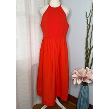 Boden Ribbed Halter Neck Midi Dress Red Orange Pockets Cotton Size 14 US 18 UK
