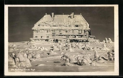 Postcard tire carrier building in the Giant Mountains, which was completely covered with snow and ice 
