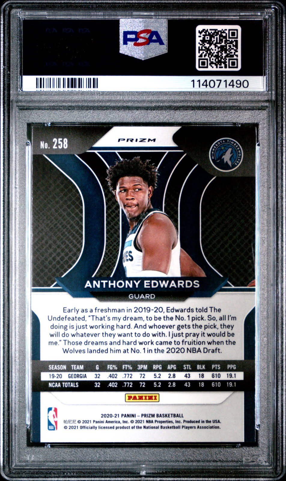 2020 PANINI PRIZM #258 ANTHONY EDWARDS SILVER PRIZM PSA 10 ROOKIE 🏀🔥 view 2