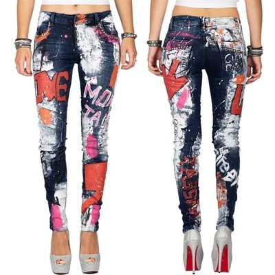 Cipo & Baxx Women's Blue Jeans Slim-Fit Frayed Hem Color Strokes Rivets Lettered