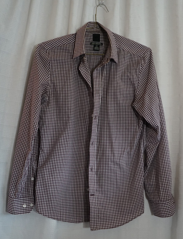 H&M slim fit M button long sleeve collar plaid burgundy shirt men